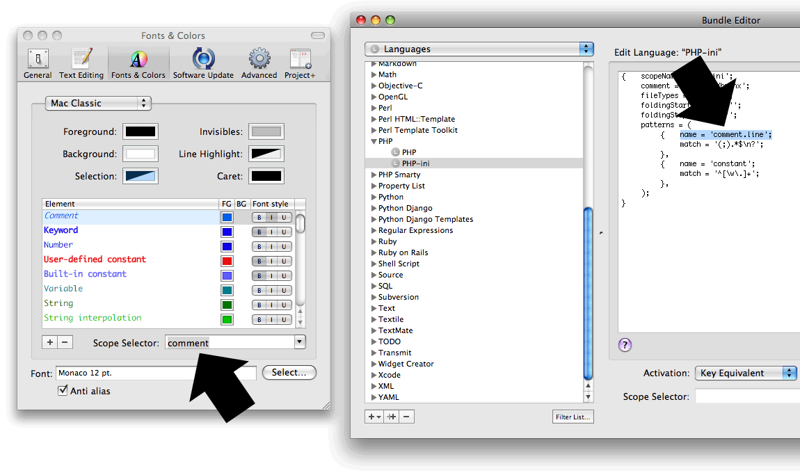 Ekran görüntüsü: TextMate, Scope selector ve Bundle editör
