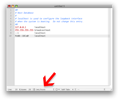TextMate ekran görüntüsü, hosts dosyası açılmış hali