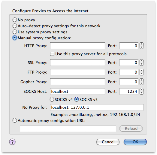 Ekran görüntüsü, Firefox’un ayarlar ekranı, Manual Proxy Configuration bölümü