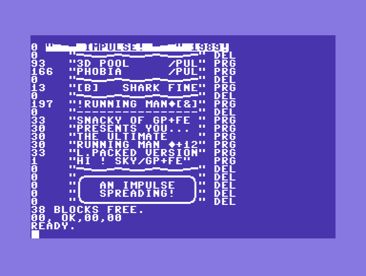C64 screenshot, view of a directory list